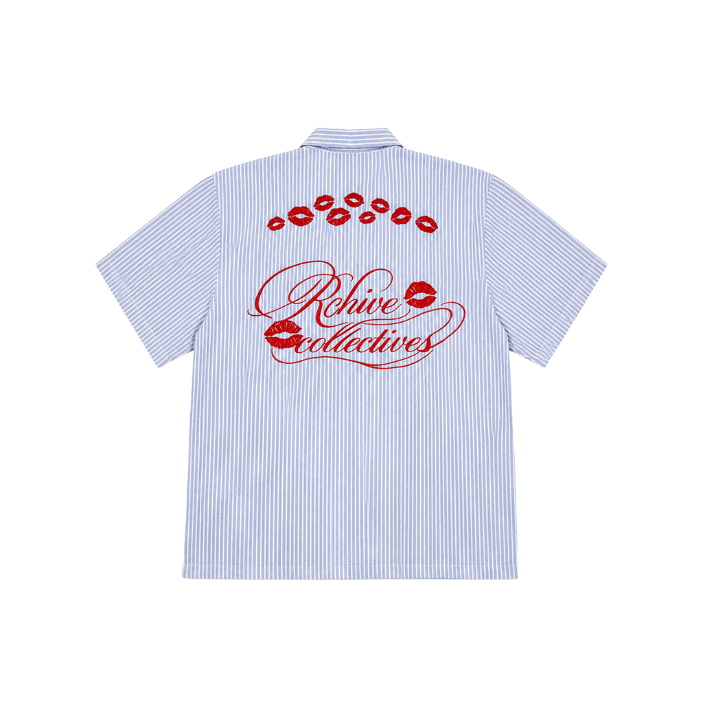Striped Lip Embroidered Blue Shirt