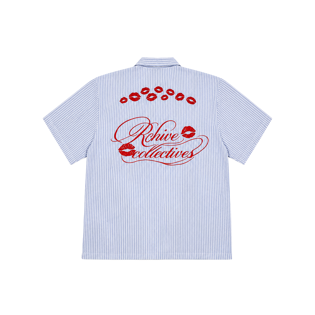 Striped Lip Embroidered Blue Shirt