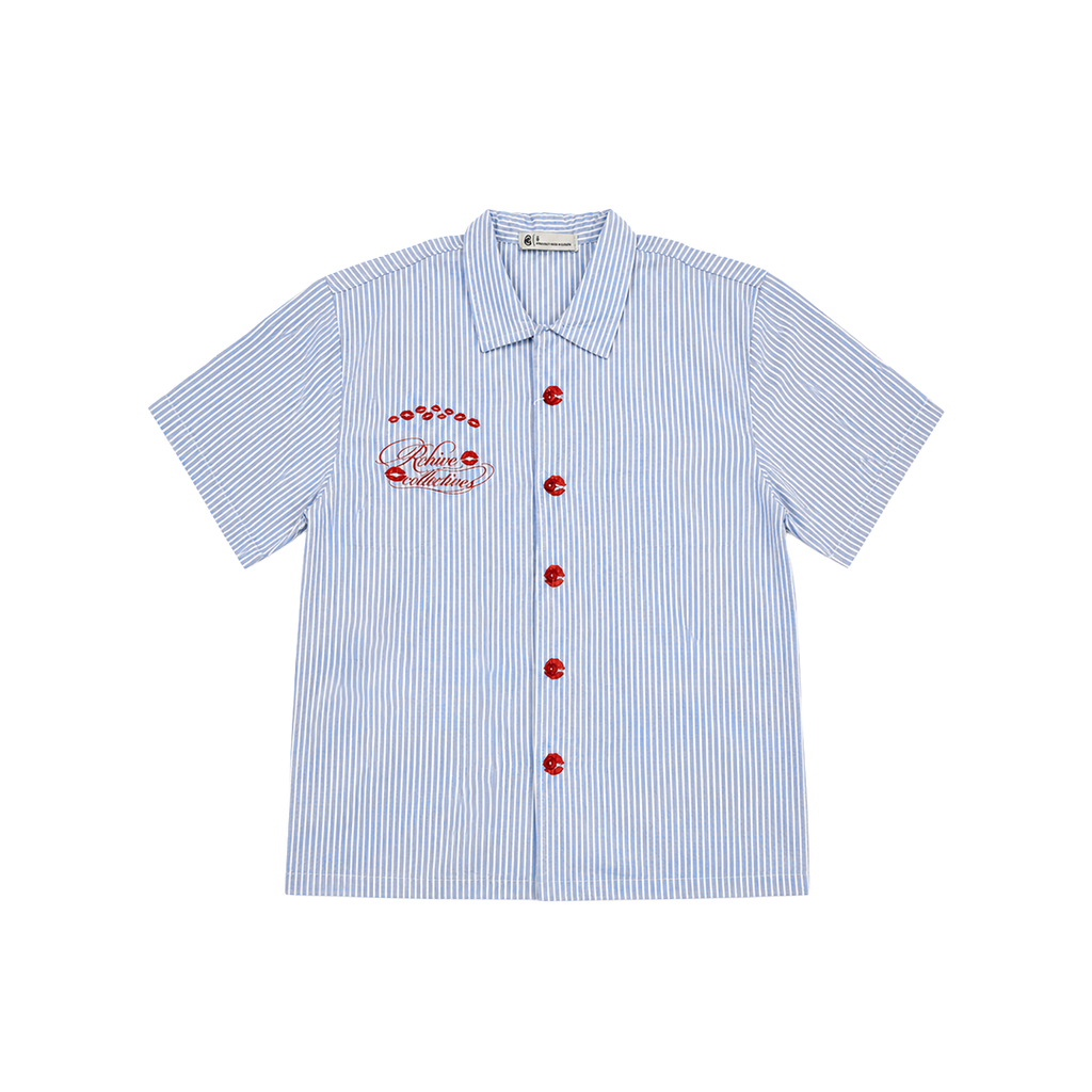 Striped Lip Embroidered Blue Shirt
