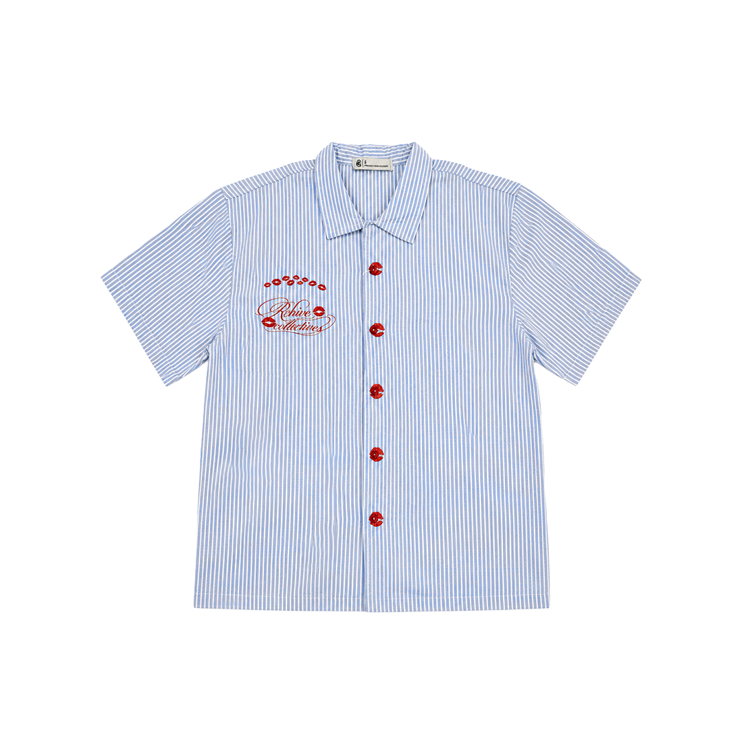 Striped Lip Embroidered Blue Shirt